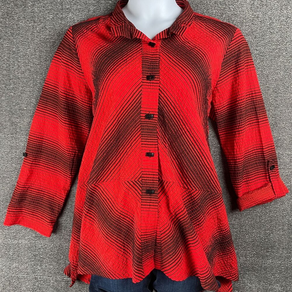 Ali Miles Top Womens Size L Lagenlook Black Striped Artsy Roll Tab Sleeve Career